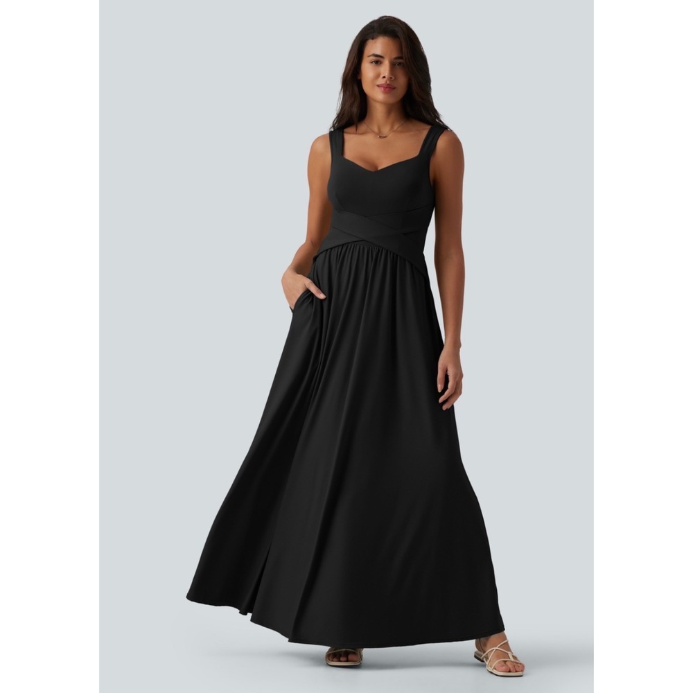 Halara Flowy Maxi Casual Slimming Dress Pockets Athleisure Black Classic NWT S